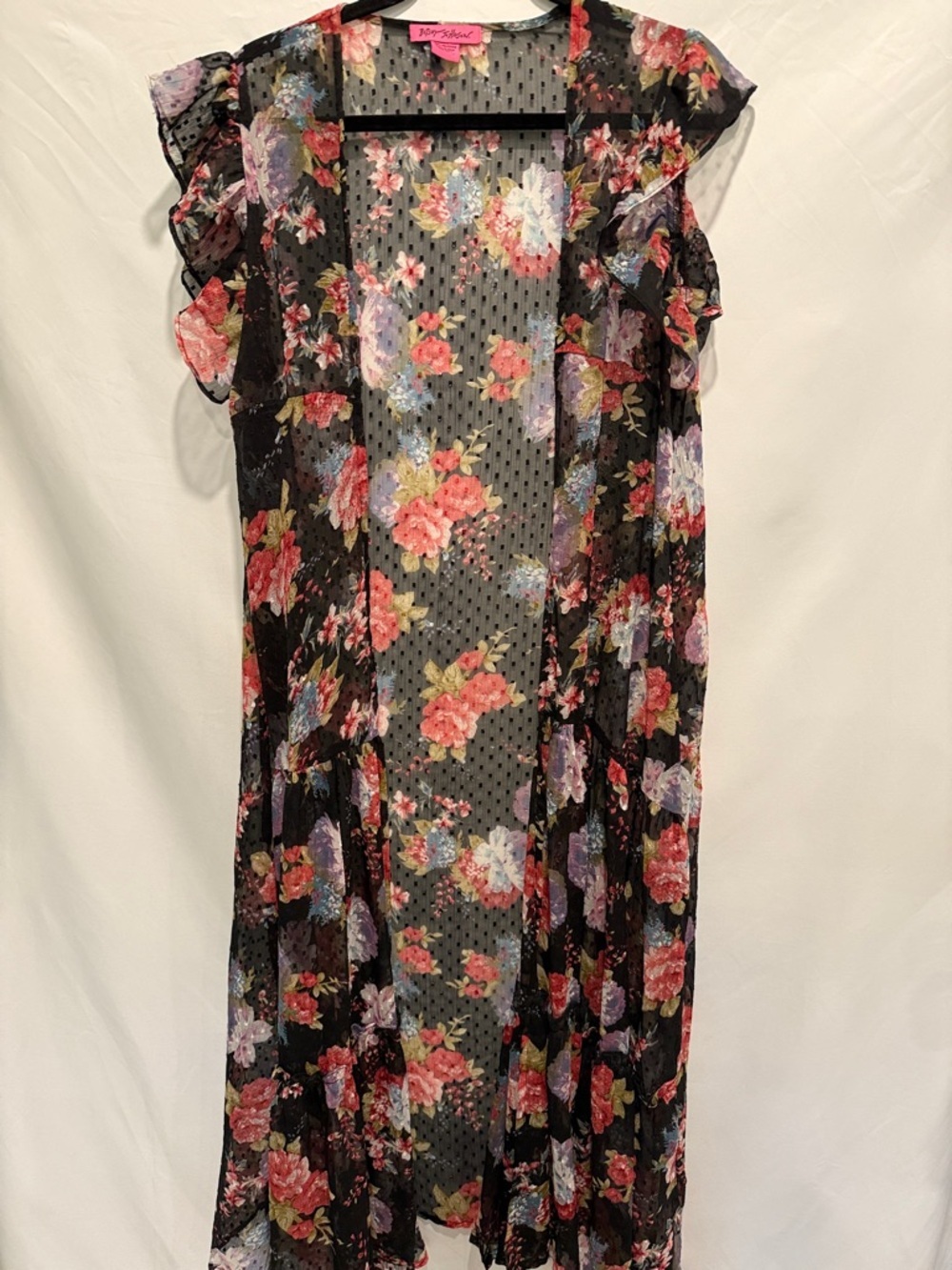 🌺 Betsey Johnson Black Floral Sheer Ruffle Cap Sleeveless Duster OSFM EUC